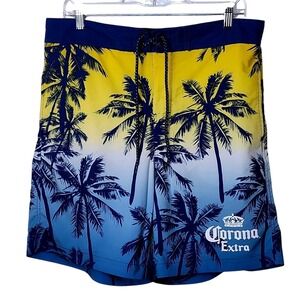 Corona Extra Mens Board Shorts Yellow Blue Ombre Palm Tree Swim Trunks Large